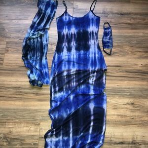 Multi colored blue maxi dress with scarf and mask